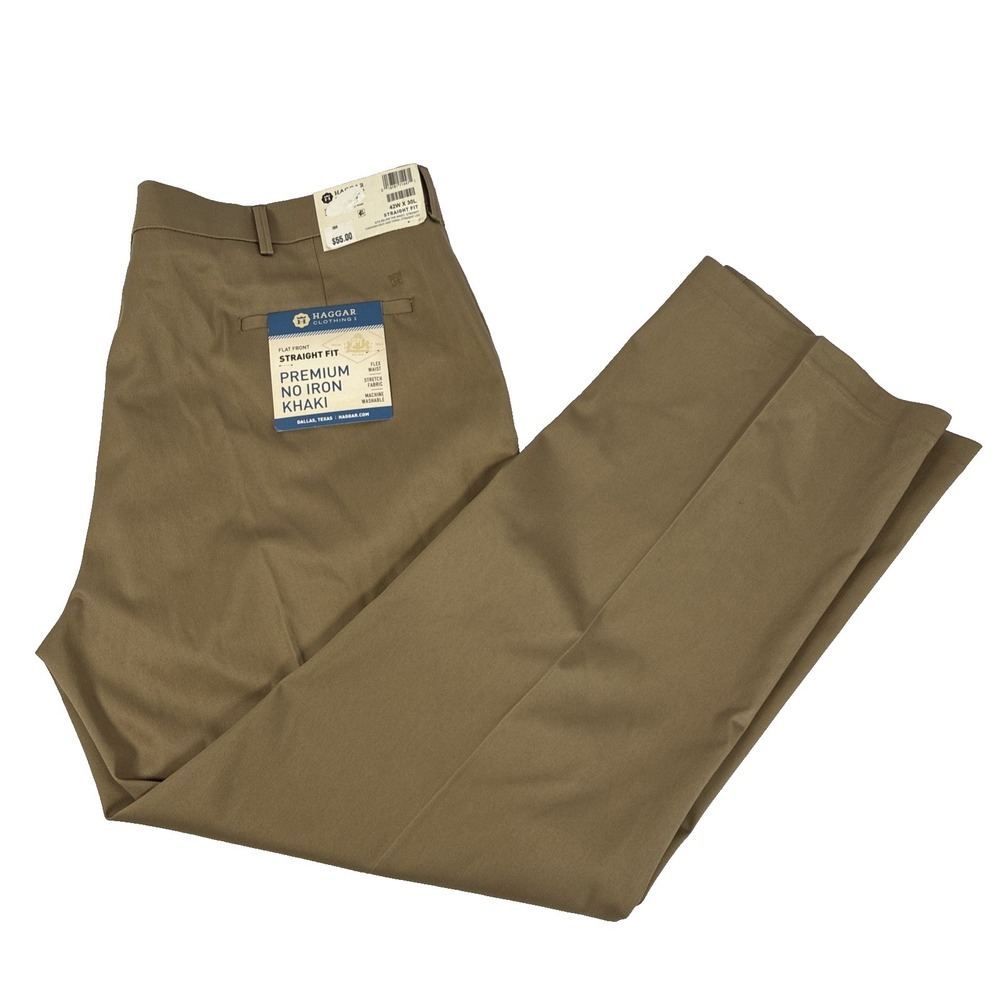 New Mens Haggar Flat Front Straight Fit Khaki Pants Size 42x30 NWT